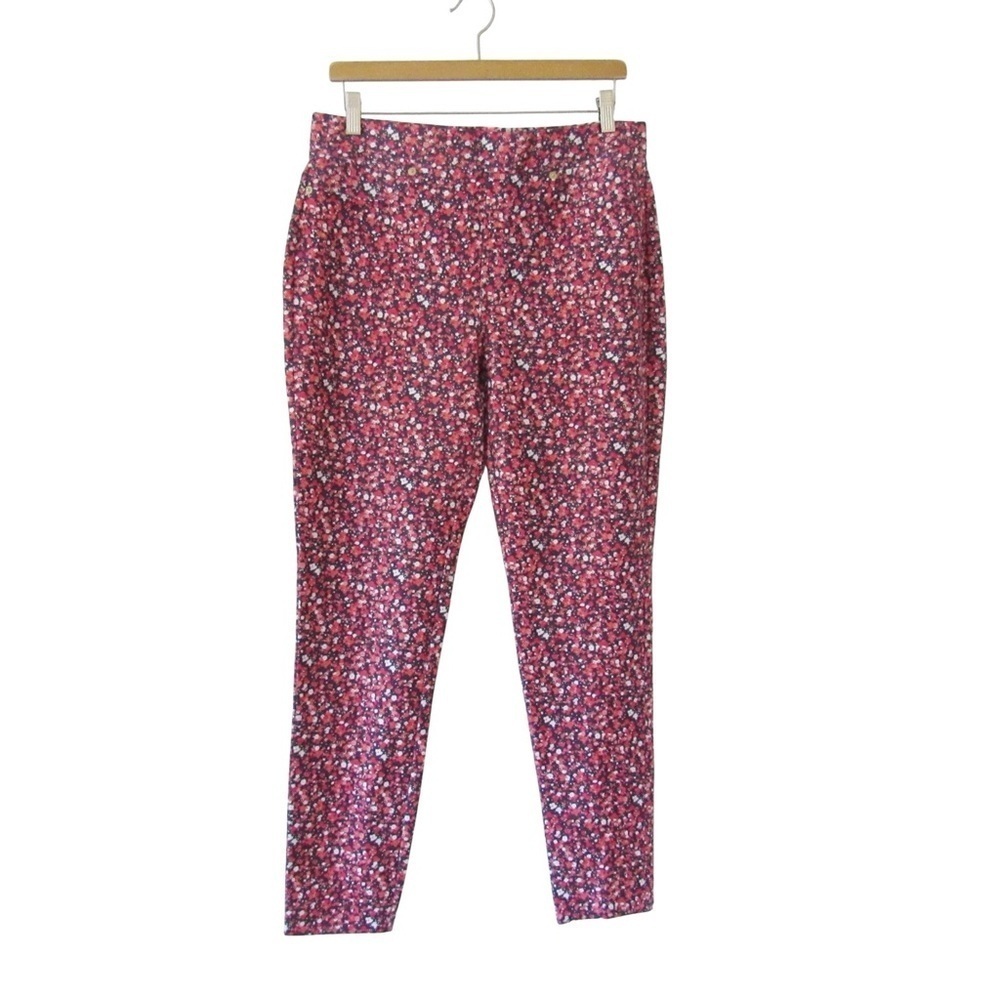 Michael Kors Ditsy Floral Leggings Pant Large Pink Blue Stretch Mid Rise Pull On